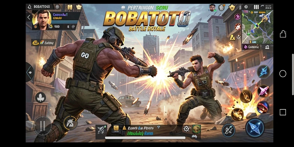 Tampilan gameplay seru di BOBATOTO dengan aksi laga Battle Royale.