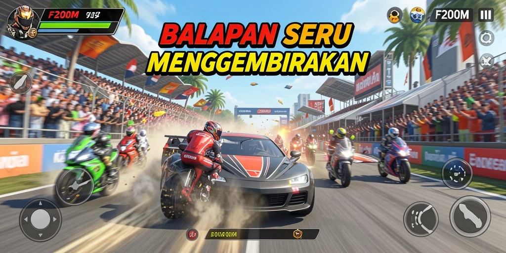 Tampilan gameplay F200M yang mendebarkan saat balapan di lintasan.
