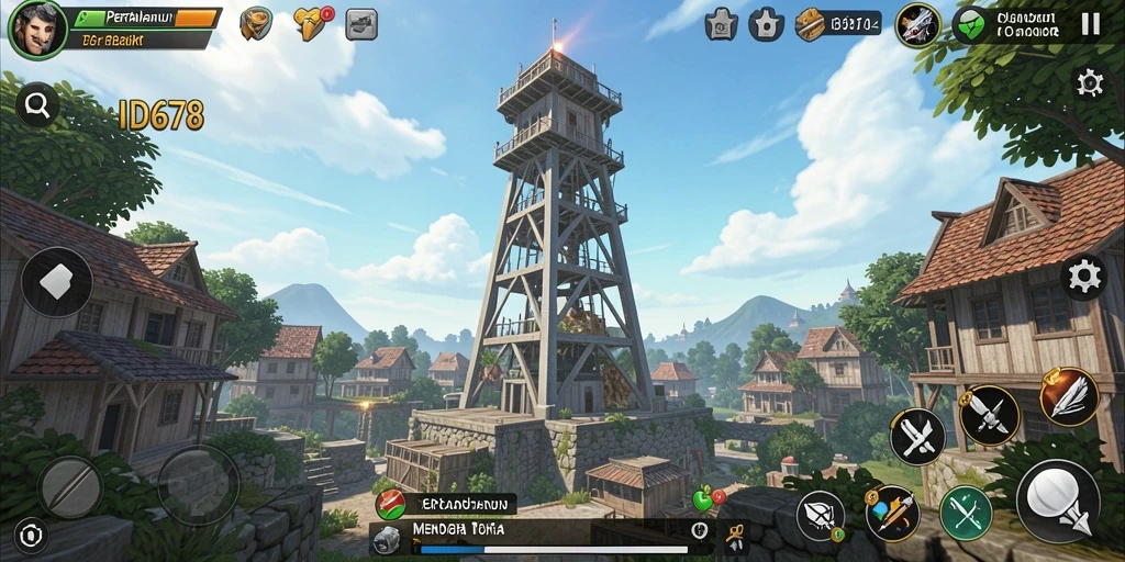Tampilan gameplay menegangkan dalam ID678 dengan menara yang siap bertahan.