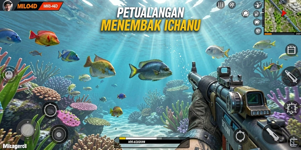Menggambarkan aksi menembak ikan di dalam permainan Tembak Ikan.