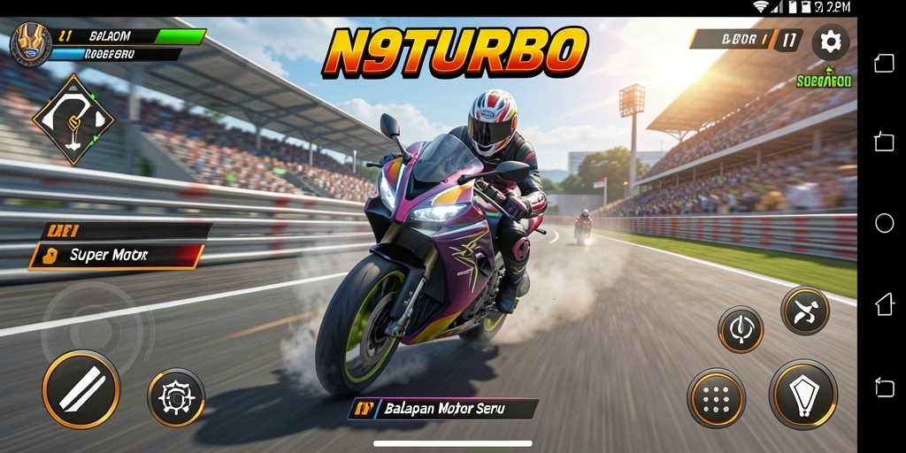 Tangkapan layar N9TURBO menampilkan aksi balapan motor yang mendebarkan.