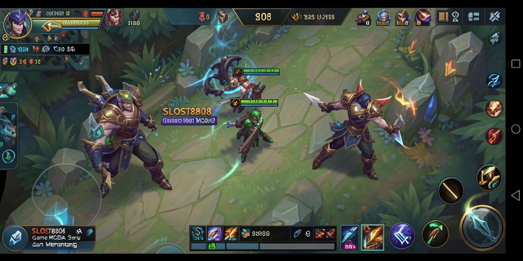 Screenshot utama SLOST8808 menunjukkan aksi intens dalam pertempuran MOBA.